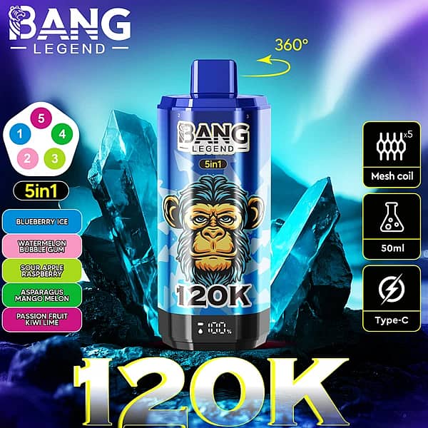 Bang Legend – jednorazowy vape 5 w 1 o wielu smakach, 120 000 zaciągnięć, z obrotową ustnikiem