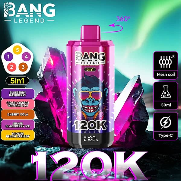 Bang Legend – jednorazowy vape 5 w 1 na 120 000 zaciągnięć, o smakach jagodowo-malinowym, brzoskwiniowo-mango oraz arbuzowym, z obrotową ustnikiem