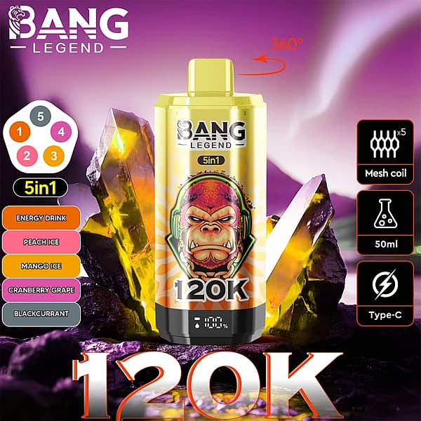 Bang Legend 120 000 zaciągnięć – jednorazowy vape typu 5 w 1 o smaku napoju energetycznego, mrożonej brzoskwini i mrożonego mango z obrotową ustnikiem