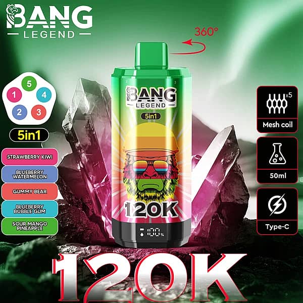 Bang Legend – jednorazowy vape na 120 000 zaciągnięć, 5 w 1, z regulowanymi smakami, obrotową ustnikiem i wyświetlaczem cyfrowym