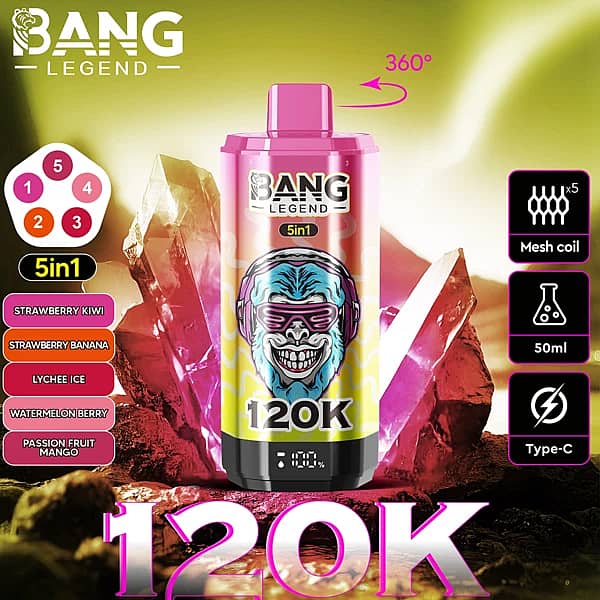 Bang Legend – jednorazowy vape z regulowanym smakiem 5 w 1 (truskawka i kiwi), 120 000 zaciągnięć, z wyświetlaczem cyfrowym