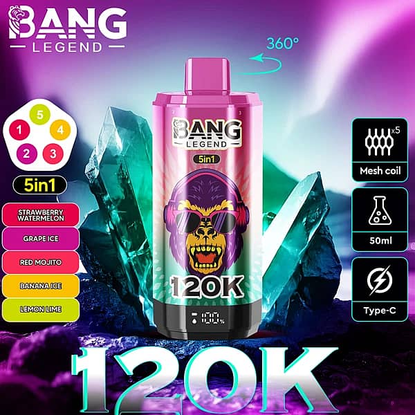 Bang Legend – jednorazowy vape 5 w 1 o wielu smakach, 120 000 zaciągnięć, z obrotową ustnikiem