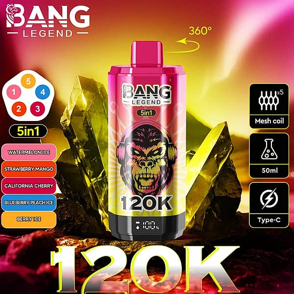 Bang Legend – jednorazowy vape 5 w 1 o smaku arbuzowo-mrożonym i truskawkowo-mango, 120 000 zaciągnięć, z obrotową ustnikiem