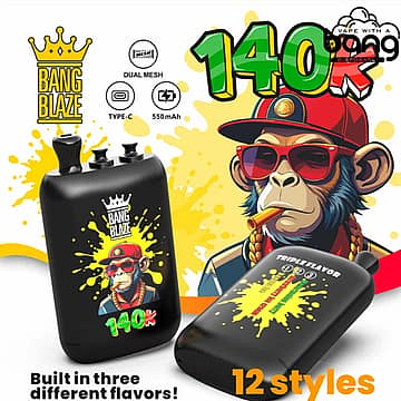 Bang Blaze 140K Puffs Strawberry Ice Cream, Dragonberry Ice, Lemon Mint disposable vape with 3 in 1 flavor design