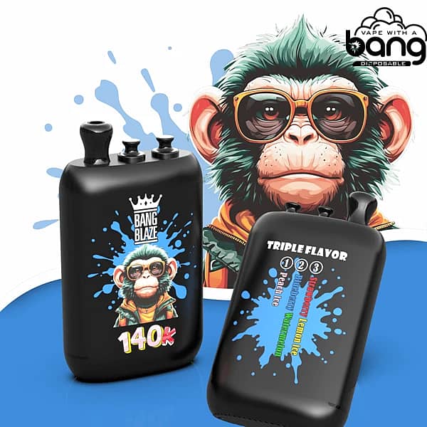 Jednorazowy vape Bang Blaze o pojemności 140 000 zaciągnięć z trzema smakami: truskawka z cytryną i lodem, jagoda z arbuzem, brzoskwinia z lodem oraz zestawem smaków 3 w 1