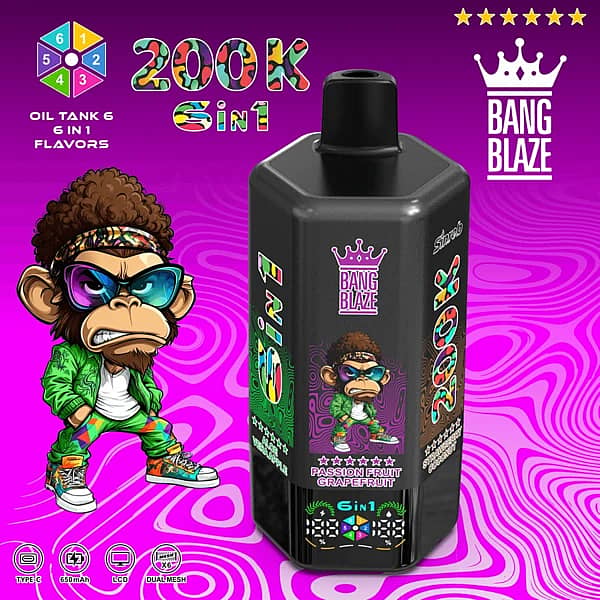 Bang Blaze 200 000 zaciągnięć – marakuja i grejpfrut – jednorazowy vape 6 w 1 z wyświetlaczem cyfrowym