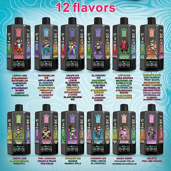 Jednorazowy vape marki Bang King w wielu wariantach smakowych z kolorowymi grafikami z kreskówek