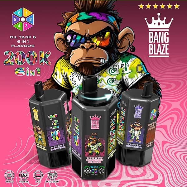Bang Blaze – jednorazowy vape 6 w 1 o wielu smakach, 200 000 zaciągnięć, z obrotową ustnikiem