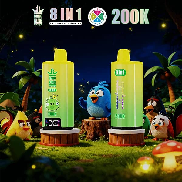Bang King engångsvape med 200 000 drag, smakerna Grape Ice och Blue Razz Ice – 8-i-1-smakdesign
