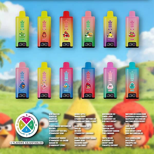 Bang King – sortiment av engångsvapor med 200 000 bloss, 8 justerbara smaker och Angry Birds-tema
