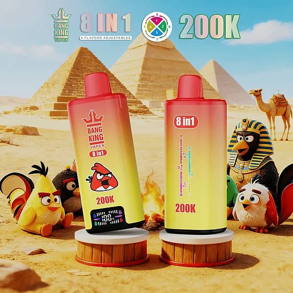 Bang King 200 000 drag – engångsvape med 8 smaker i ett, inklusive jordgubbs- och mangosmak samt jordgubbsglass, med digital display