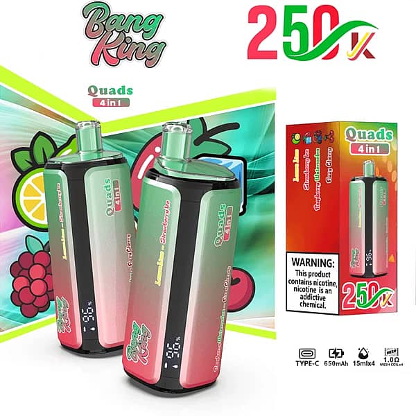 Szer. = 600, Wys. = 600, Dopasowanie = Zmniejsz, Grawitacja = Automatycznie, Wyostrzanie = 1, Metadane = Brak, Format = Automatycznie, Jakość = 70 Bang King – jednorazowy vape 4 w 1 na 250 000 zaciągnięć, z czterema smakami i wyświetlaczem cyfrowym