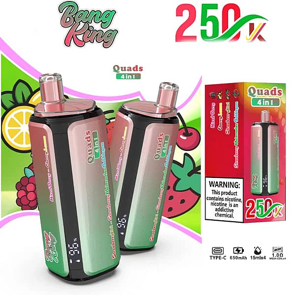 Szer. = 600, Wys. = 600, Dopasowanie = Zmniejsz, Grawitacja = Automatycznie, Wyostrzanie = 1, Metadane = Brak, Format = Automatycznie, Jakość = 70 Bang King – jednorazowy vape na 250 000 zaciągnięć, 4 smaki w jednym: mieszanka jagód, wiśnia, truskawka, kiwi, arbuz i guma balonowa, z wyświetlaczem cyfrowym