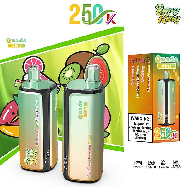 Szer. = 600, Wys. = 600, Dopasowanie = Zmniejsz, Grawitacja = Automatycznie, Wyostrzanie = 1, Metadane = Brak, Format = Automatycznie, Jakość = 70 Bang King – jednorazowy vape na 250 000 zaciągnięć, 4 smaki w jednym: różowa lemoniada oraz truskawka i banan, z wyświetlaczem cyfrowym