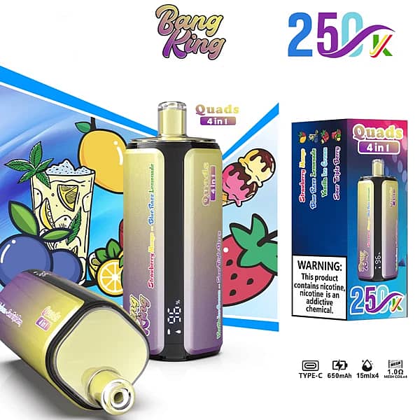Szer. = 600, Wys. = 600, Dopasowanie = Zmniejsz, Grawitacja = Automatycznie, Wyostrzanie = 1, Metadane = Brak, Format = Automatycznie, Jakość = 70 Bang King – jednorazowy vape na 250 000 zaciągnięć, 4 smaki w jednym: truskawka z mango, lemoniada Blue Razz oraz wyświetlacz cyfrowy