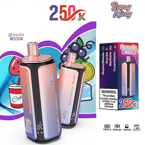 Szer. = 600, Wys. = 600, Dopasowanie = Zmniejsz, Grawitacja = Automatycznie, Wyostrzanie = 1, Metadane = Brak, Format = Automatycznie, Jakość = 70 Bang King – 250 000 zaciągnięć, 4 smaki w jednym: truskawka z arbuzem, wiśnia z colą, brzoskwinia z lodem i grejpfrut – jednorazowy vape z wyświetlaczem cyfrowym