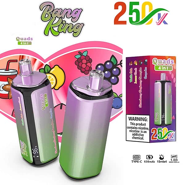 Szer. = 600, Wys. = 600, Dopasowanie = Zmniejsz, Grawitacja = Automatycznie, Wyostrzanie = 1, Metadane = Brak, Format = Automatycznie, Jakość = 70 Bang King – jednorazowy vape z wyświetlaczem cyfrowym, 250 000 zaciągnięć, 4 smaki w jednym
