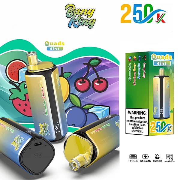 Szer. = 600, Wys. = 600, Dopasowanie = Zmniejsz, Grawitacja = Automatycznie, Wyostrzanie = 1, Metadane = Brak, Format = Automatycznie, Jakość = 70 Bang King – jednorazowy vape na 250 000 zaciągnięć, 4 smaki w jednym: arbuz, truskawka, mango, jagoda, wiśnia, z wyświetlaczem cyfrowym