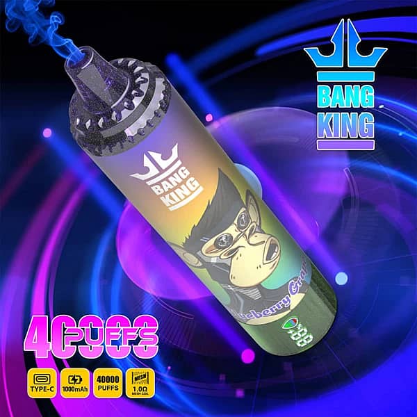 Bang King : vapoteuse jetable à 40 000 bouffées, saveur myrtille-raisin, avec écran numérique