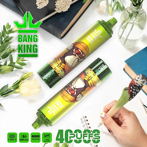 Vape jetable Bang King 40 000 bouffées, corps vert transparent avec motif singe