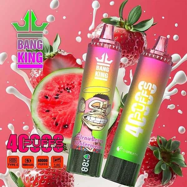 Vape jetable Bang King 40 000 bouffées à la fraise et à la pastèque, avec un motif coloré représentant un singe