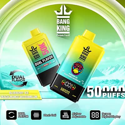 Bang King 50000 Puffs dual flavor disposable vape with Blueberry Ice and Peach Mango Watermelon flavors, mesh coil and digital display