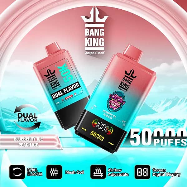 Bang King 50,000パフ ブルーベリーアイス＆ピーチアイス デュアルフレーバー デジタルディスプレイ付き使い捨てベイプ