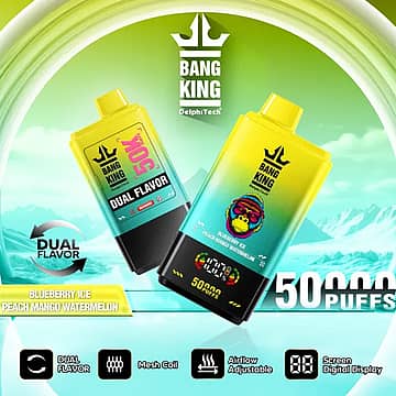 Bang King 50k Puffs dual flavor disposable vape in Blueberry Ice and Peach Mango Watermelon with a digital display