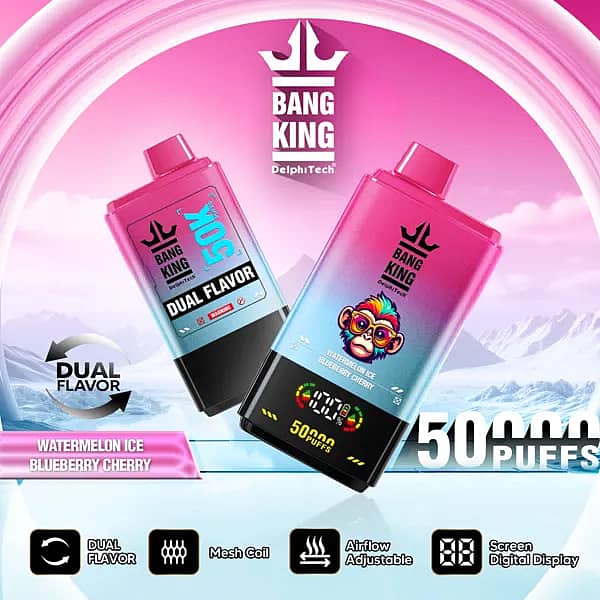 Bang King 50,000パフ デュアルフレーバー 使い捨てベイプ スイカアイス・ブルーベリー・チェリー デジタルディスプレイ付き