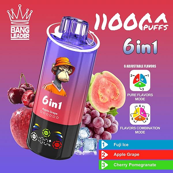 Szer. = 600, Wys. = 600, Dopasowanie = Zmniejsz, Grawitacja = Automatycznie, Wyostrzanie = 1, Metadane = Brak, Format = Automatycznie, Jakość = 70 Jednorazowy vape Bang Leader 110 000 zaciągnięć o smaku jabłkowo-winogronowym z regulowanym układem smaków 6 w 1