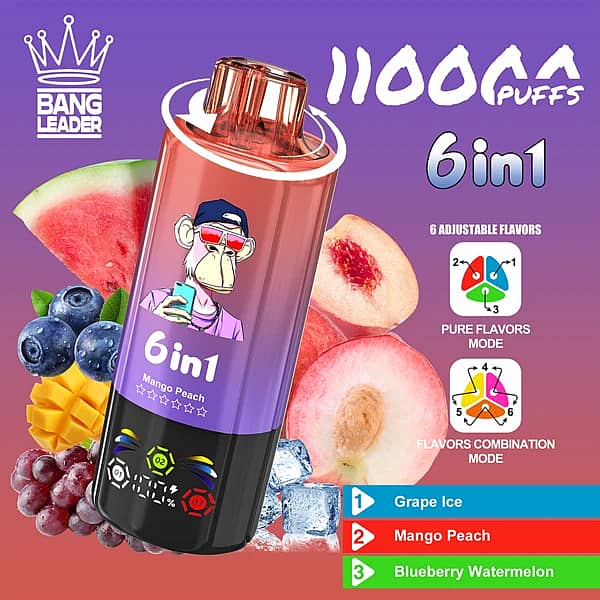 Szer. = 600, Wys. = 600, Dopasowanie = Zmniejsz, Grawitacja = Automatycznie, Wyostrzanie = 1, Metadane = Brak, Format = Automatycznie, Jakość = 70 Jednorazowy vape Bang Leader 110 000 zaciągnięć o smaku mango i brzoskwini z regulowanymi smakami 6 w 1