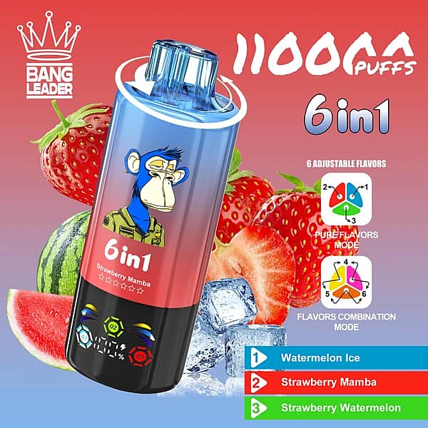 Szer. = 600, Wys. = 600, Dopasowanie = Zmniejsz, Grawitacja = Automatycznie, Wyostrzanie = 1, Metadane = Brak, Format = Automatycznie, Jakość = 70 Jednorazowy vape Bang Leader 110 000 zaciągnięć o smaku truskawkowej mamby z regulowanym systemem smaków 6 w 1