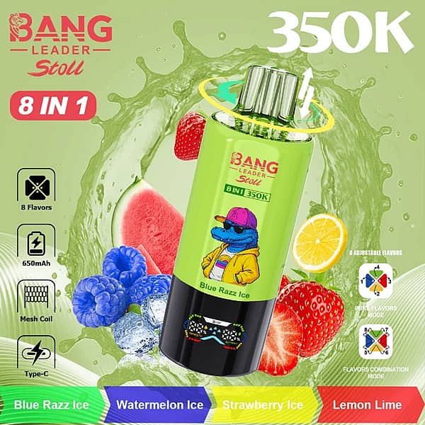 Bang Leader Stoll 350 000 bouffées : Blue Razz Ice, Watermelon Ice, Strawberry Ice, Lemon Lime – Vape jetable 8 en 1 avec embout rotatif