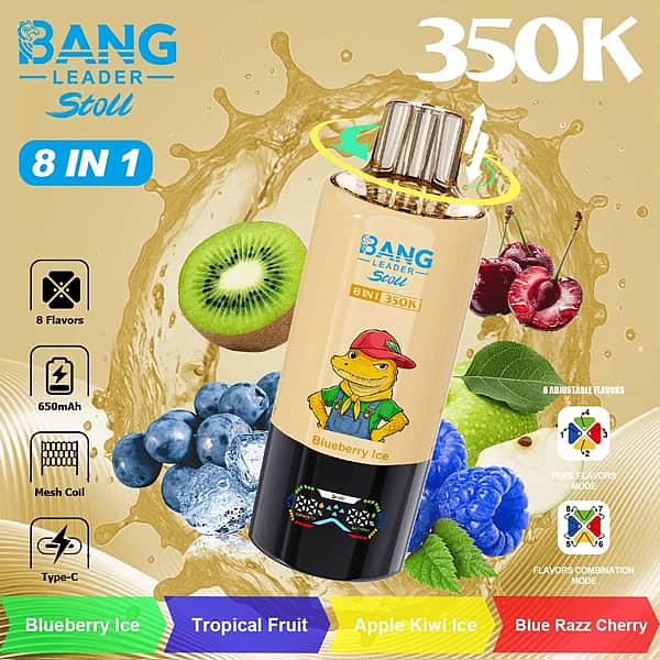 Bang Leader Stoll, 350 000 bouffées, Blueberry Ice, combinaison de 8 saveurs, cigarette électronique jetable avec embout rotatif