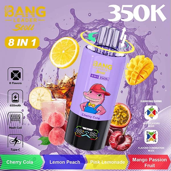 Bang Leader Stoll 350 000 bouffées, saveur cerise-cola, vapoteuse jetable 8-en-1 à saveur réglable avec embout buccal rotatif