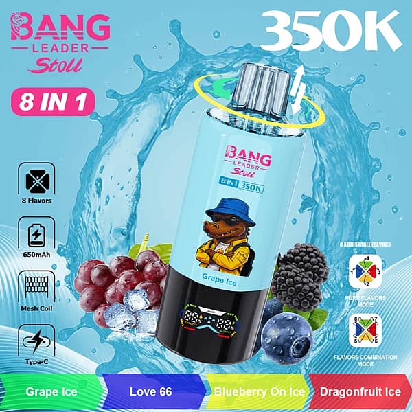 Bang Leader Stoll : vapoteuse jetable 8-en-1 offrant 350 000 bouffées, avec les saveurs Grape Ice et Love 66, et un écran numérique