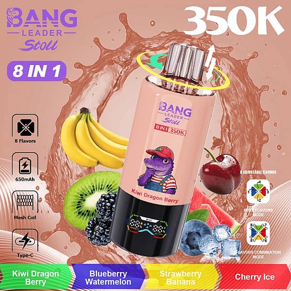 Bang Leader Stoll 350 000 bouffées : Kiwi-Dragon Berry, Myrtille-Pastèque, Fraise-Banane, Cerise glacée – Vape jetable avec 8 saveurs en 1