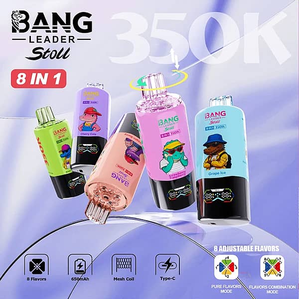 Bang Leader Stoll : vapoteuse jetable 8-en-1 multi-arômes d'une autonomie de 350 000 bouffées, avec embout buccal rotatif