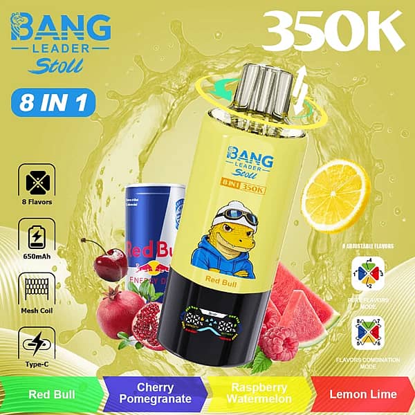 Bang Leader Stoll : vapoteuse jetable 350 000 bouffées, 8 saveurs en 1, Red Bull, cerise-grenade, framboise-pastèque, citron-citron vert