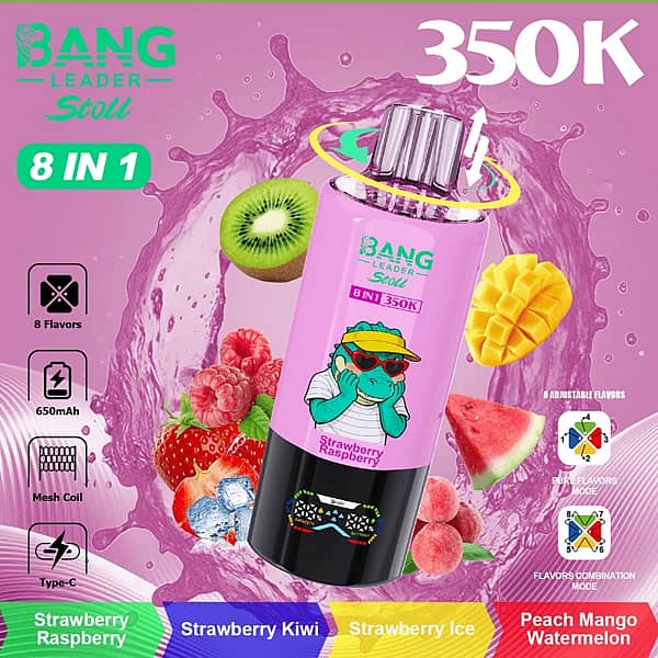 Bang Leader Stoll 350 000 bouffées Fraise-Framboise, Fraise-Kiwi : vapoteuse jetable multi-saveurs 8 en 1 avec embout rotatif