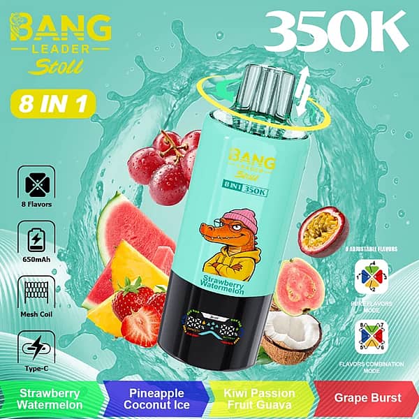 Bang Leader Stoll 350 000 bouffées, fraise-pastèque, vapoteuse jetable 8 en 1 avec embout rotatif