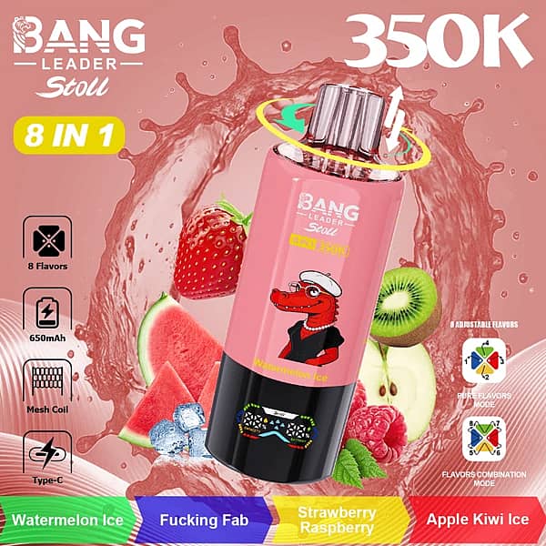 Bang Leader Stoll 350 000 bouffées : Pastèque glacée, Fucking Fab, Fraise-Framboise, Pomme-Kiwi glacée – Vape jetable 8-en-1 avec embout rotatif