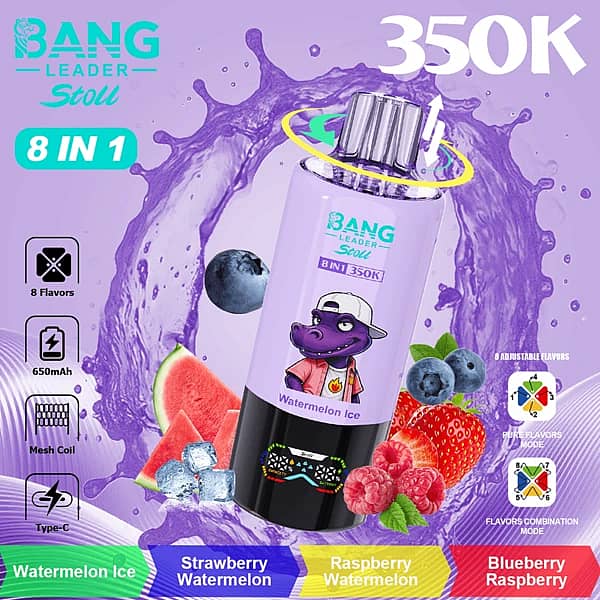 Vape jetable Bang Leader Stoll 350 000 bouffées, avec 8 saveurs réglables telles que pastèque glacée, fraise et framboise, dotée d'un embout buccal rotatif