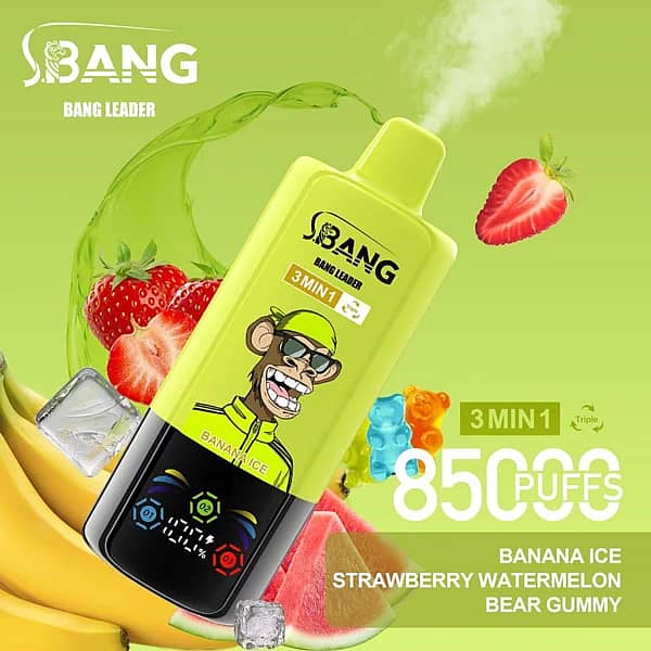 Jednorazowy vape Bang Leader 85 000 zaciągnięć o smaku bananowym, lodowym, truskawkowym i arbuzowym z żelkami w kształcie misiów oraz układem smaków 3 w 1