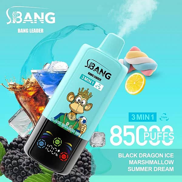 Bang Leader – jednorazowy vape 3 w 1 na 85 000 zaciągnięć w smakach Black Dragon Ice, Marshmallow i Summer Dream z wyświetlaczem cyfrowym