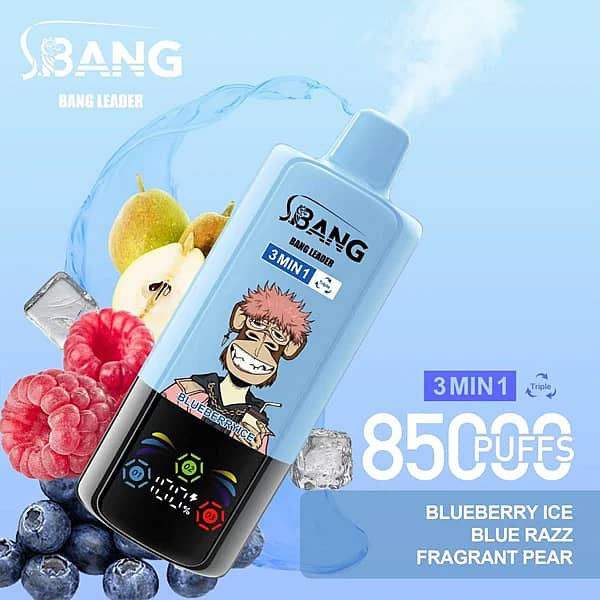 Jednorazowy vape Bang Leader 85 000 zaciągnięć o smaku jagodowym z lodem, Blue Razz i aromatycznej gruszki, z zestawem smaków 3 w 1