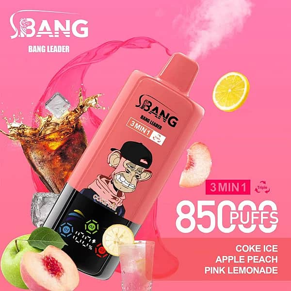 Bang Leader 85 000 zaciągnięć – jednorazowy vape o smaku Coke Ice, jabłko-brzoskwinia i różowa lemoniada z układem smaków 3 w 1