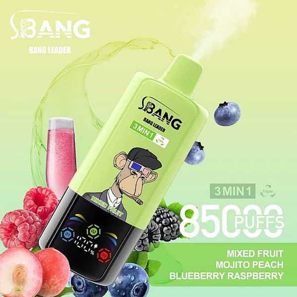 Bang Leader – jednorazowy vaporizer na 85 000 zaciągnięć, 3 smaki w jednym: mieszanka owoców, brzoskwinia mojito, jagoda i malina, z wyświetlaczem cyfrowym