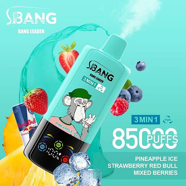Bang Leader 85 000 zaciągnięć – jednorazowy vape o smaku ananasowym z lodem, truskawkowym z Red Bullem oraz mieszanką jagód, z formułą 3 w 1