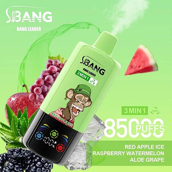 Bang Leader 85 000 zaciągnięć – Red Apple Ice, Malina i arbuz, Aloes i winogrono – jednorazowy vape 3 w 1 z wyświetlaczem cyfrowym